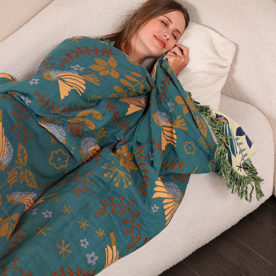 CozyNest - Reversibel Picknickfilt i Mjuk Bomull med Nordisk Fågelmönster