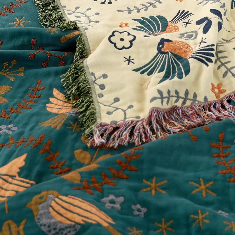 CozyNest - Reversibel Picknickfilt i Mjuk Bomull med Nordisk Fågelmönster