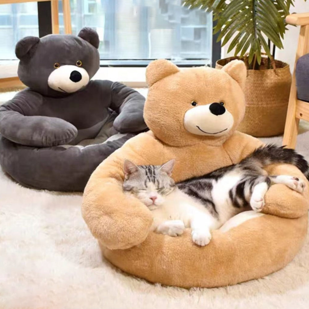 CuddleNest - Plysch Kattbädd i Björndesign för Komfort och Mysighet