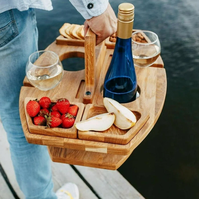 WineMate - Bärbart Vinbord i Trä med Snacksfack för Utomhusbruk