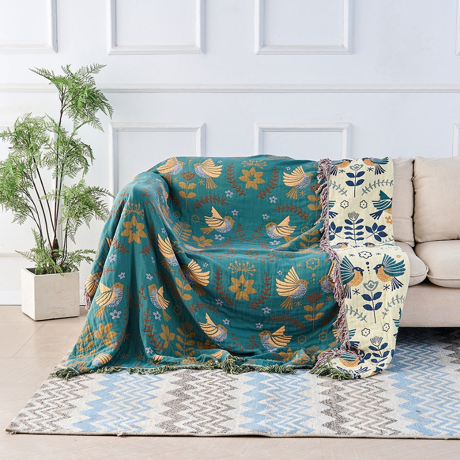 CozyNest - Reversibel Picknickfilt i Mjuk Bomull med Nordisk Fågelmönster