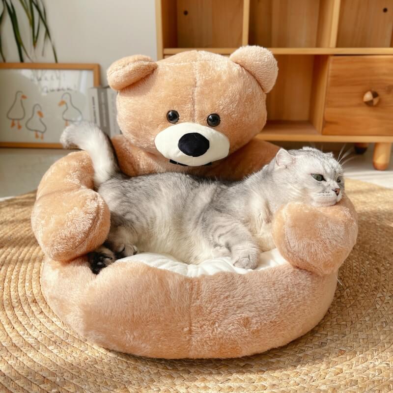 CuddleNest - Plysch Kattbädd i Björndesign för Komfort och Mysighet