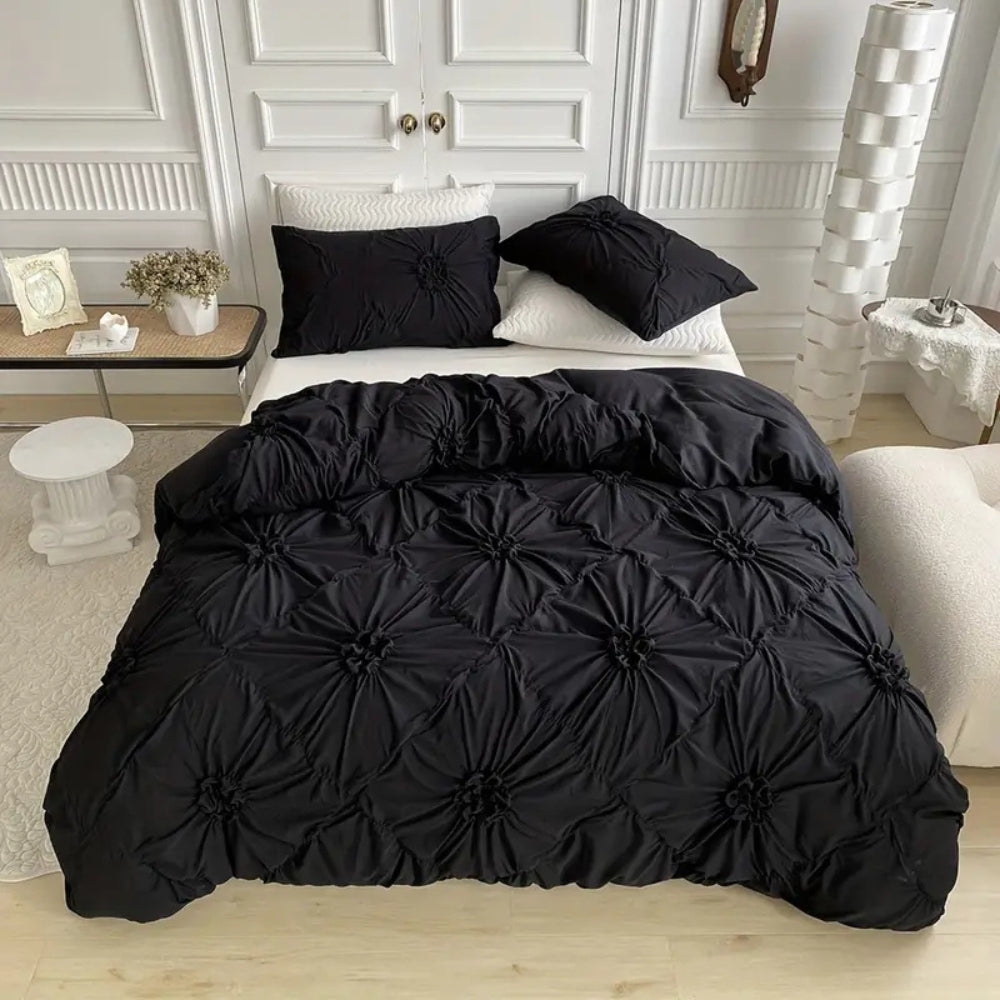 ElegantDreams - Sängkläder i Satin med Rynkat Blommönster och Dragkedja