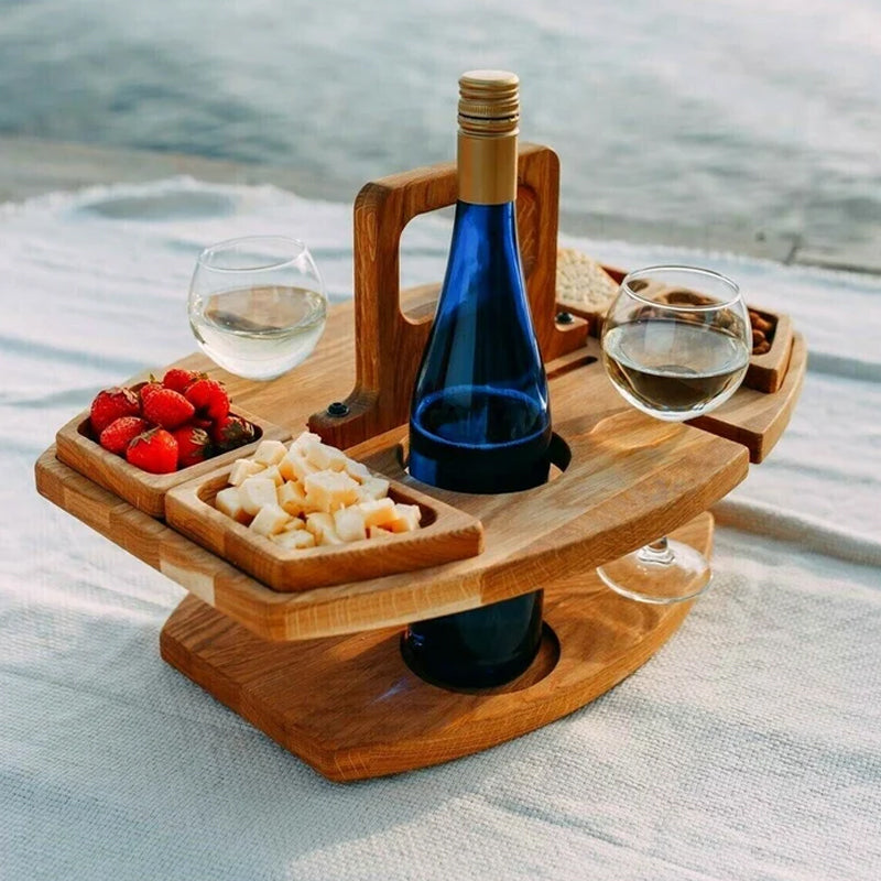 WineMate - Bärbart Vinbord i Trä med Snacksfack för Utomhusbruk