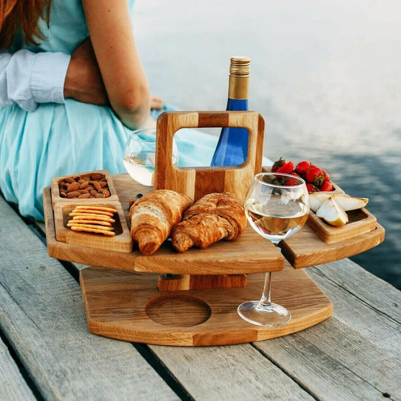 WineMate - Bärbart Vinbord i Trä med Snacksfack för Utomhusbruk